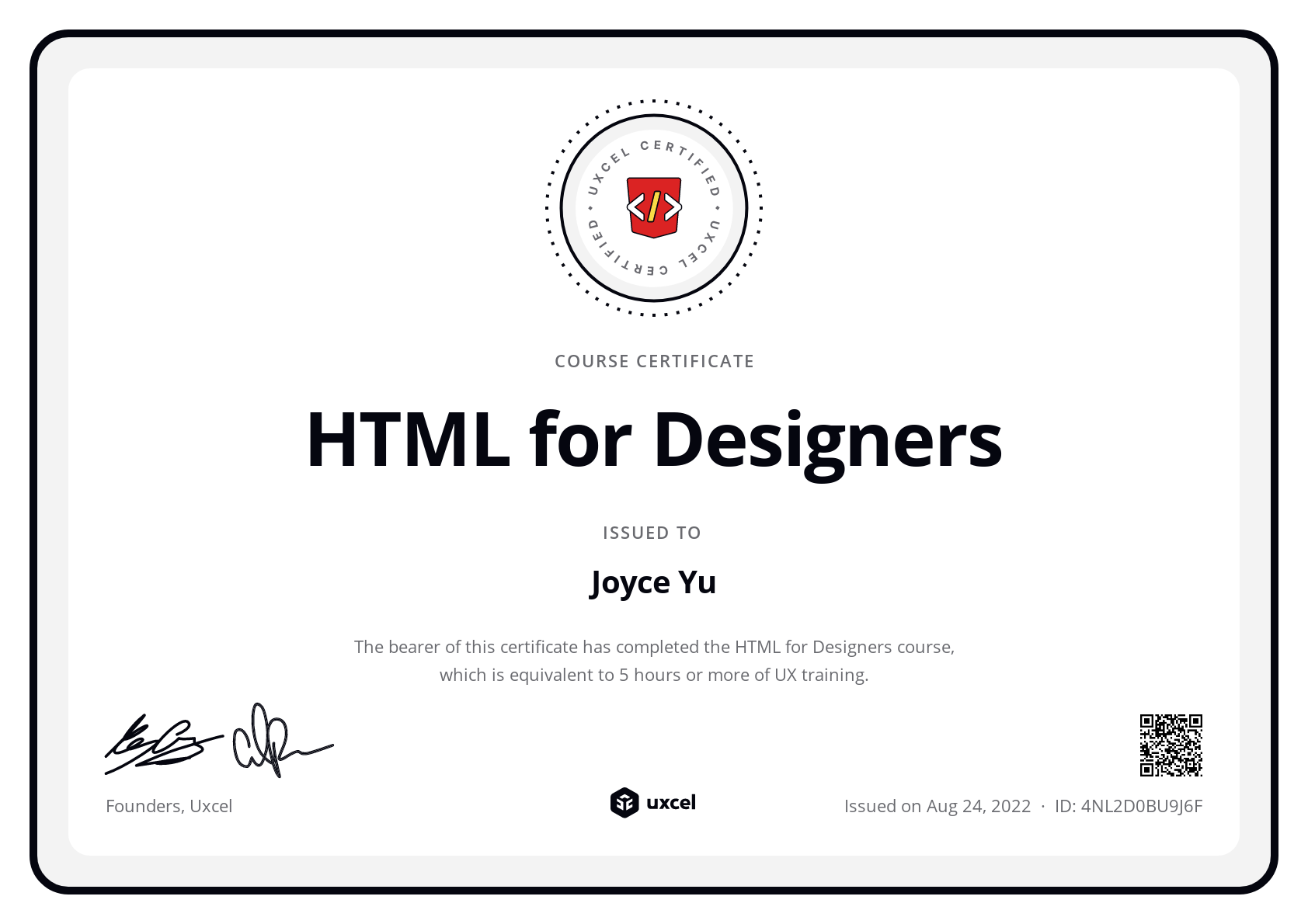 Joyce Yu's certificate